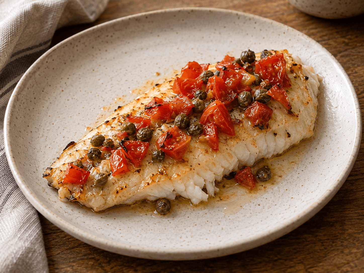 A plate with a fillet of grilled white fish with cherry tomatoes and capers