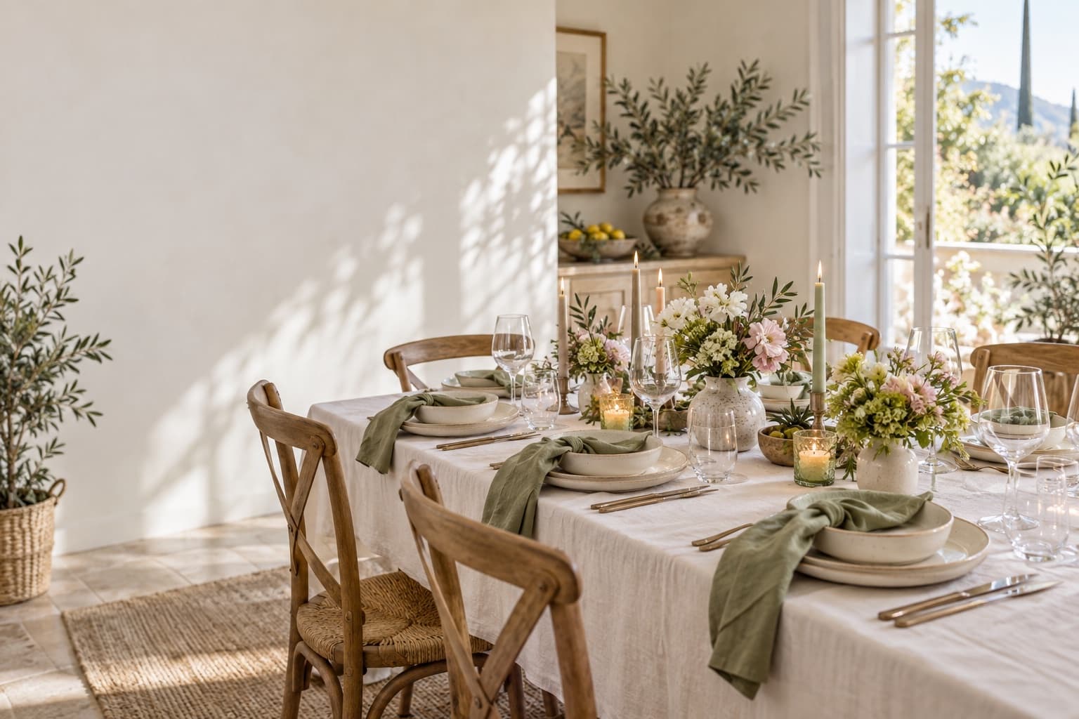 A dinner table with linen, flowers and places set for guests
