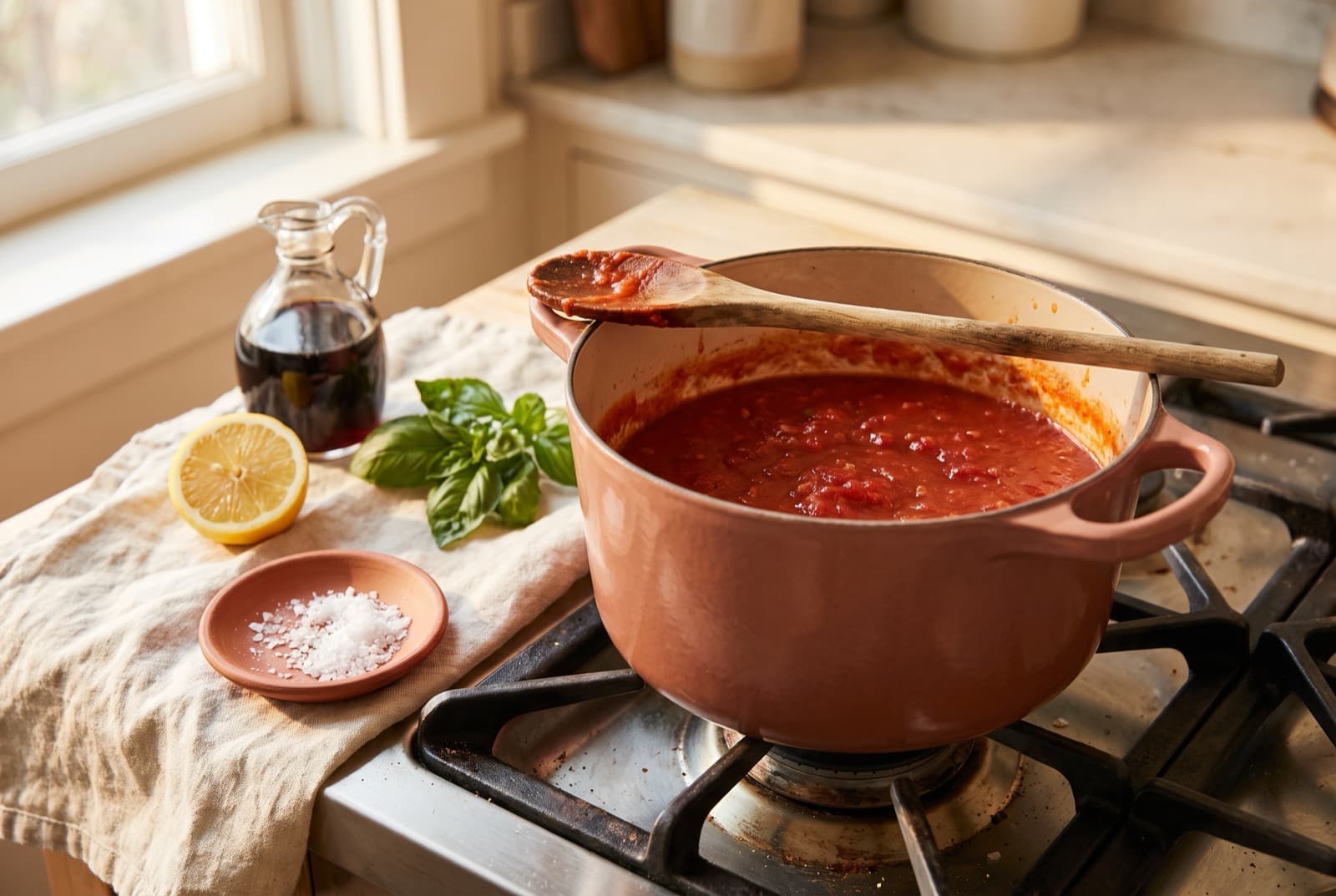 A pot of tomato sauce simmering on the stove with a wooden spoon across the rim, beside a small dish of flaky salt, half a lemon, fresh basil and a jug of vinegar.