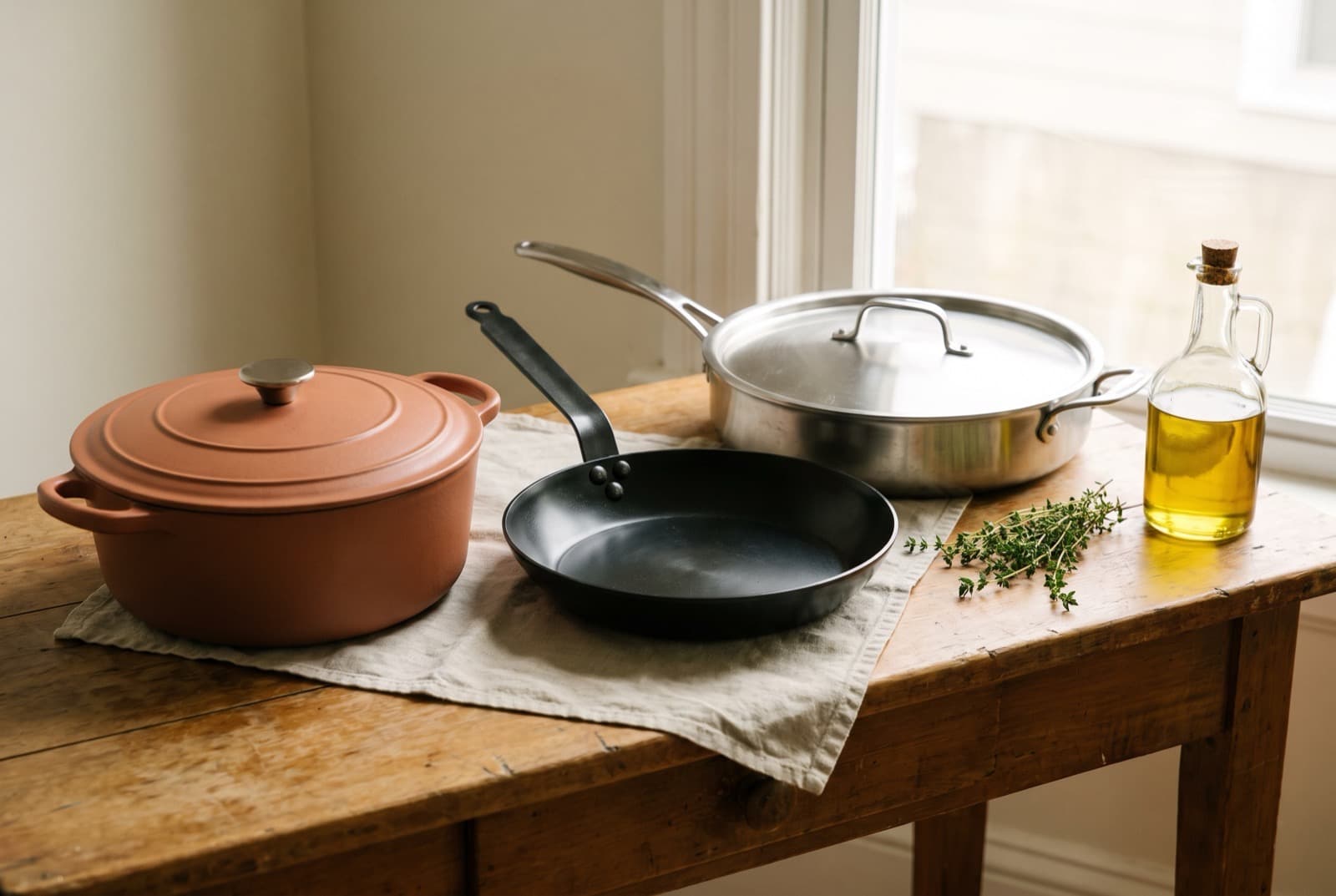Three pans on a wooden kitchen table: a terracotta enamelled cast iron pot, a black carbon steel frying pan and a stainless steel sauté pan with its lid.