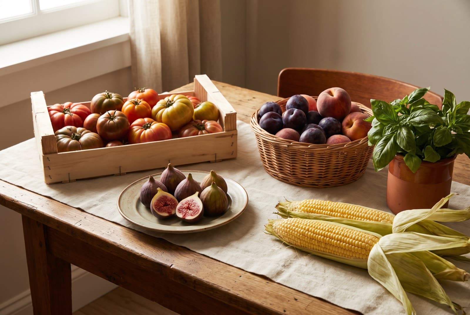 Late summer produce on a wooden table: heirloom tomatoes in a crate, figs on a plate, plums and peaches in a basket, sweetcorn and a pot of basil.